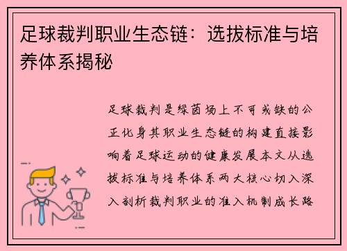 足球裁判职业生态链：选拔标准与培养体系揭秘